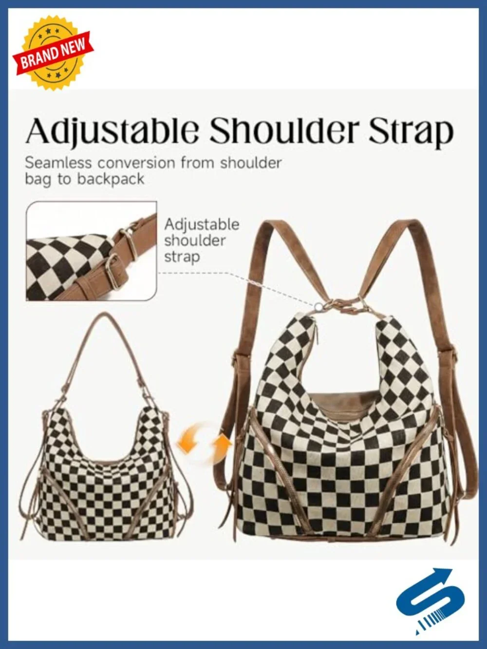 PU Leather Checkered 3-in-1 Convertible Hobo Shoulder Bag with Pouch